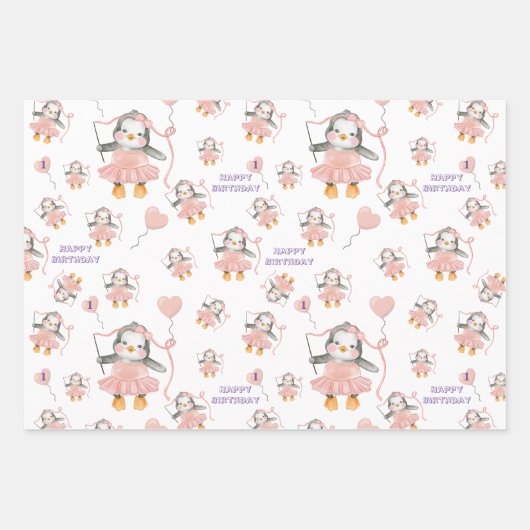 1e Verjaardag Schattige Ballerina Penguin Roze Inpakpapier Vel (Voorkant)