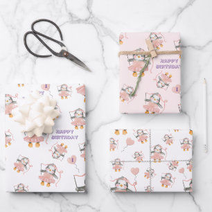 1e Verjaardag Schattige Ballerina Penguin Roze Inpakpapier Vel