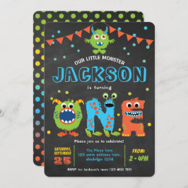 1e verjaardag schattige kleine monsterfeestjes kaart