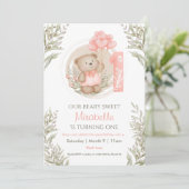 1e verjaardag schattige teddybeer perzik hart ball kaart (Staand voorkant)