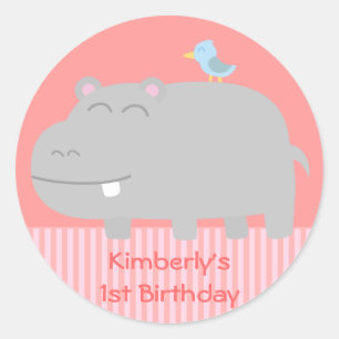 1e Verjaardag: Schattigee Hippo met Blue Bird Cart Ronde Sticker
