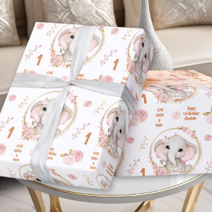 1e Verjaardag Schattigee Olifant Roze Bloemenmeisj Cadeaupapier