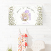 1e verjaardag Schattigee Paarse teddybeer groen Spandoek (Insitu)