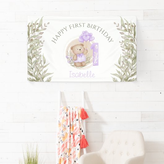 1e verjaardag Schattigee Paarse teddybeer groen Spandoek (Insitu)