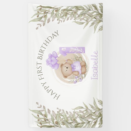 1e verjaardag Schattigee Paarse teddybeer groen Spandoek (Verticaal)