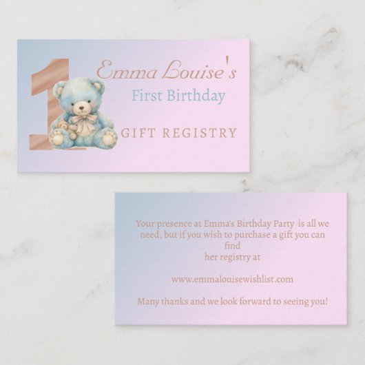1e Verjaardag Schattigee Teddy Bear Gift Registry Informatiekaartje (Voorkant / Achterkant)