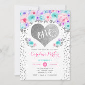 1e verjaardag - Silver Heart Blauwgroen Paarse Roz Kaart (Voorkant)