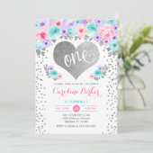 1e verjaardag - Silver Heart Blauwgroen Paarse Roz Kaart (Staand voorkant)