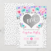 1e verjaardag - Silver Heart Blauwgroen Paarse Roz Kaart (Voorkant / Achterkant)