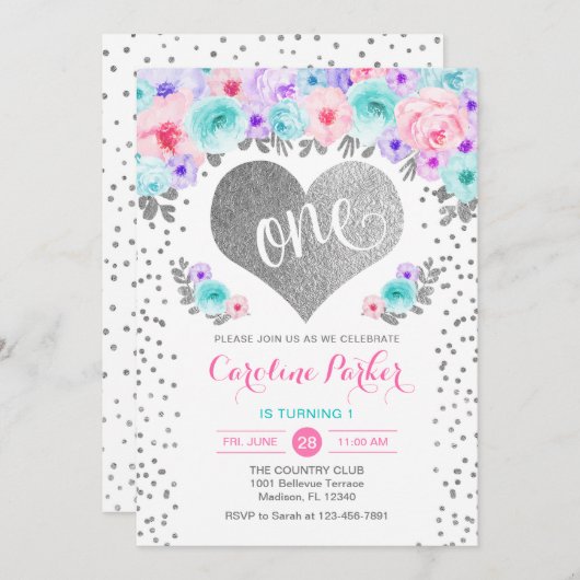 1e verjaardag - Silver Heart Blauwgroen Paarse Roz Kaart (Voorkant / Achterkant)