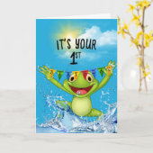 1e verjaardag springende kikker in water kaart (Gele Bloem)