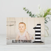 1e verjaardag strepen nummer één foto uitnodiging (Staand voorkant)