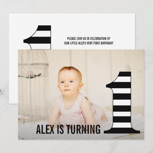 1e verjaardag strepen nummer één foto uitnodiging (Voorkant / Achterkant)