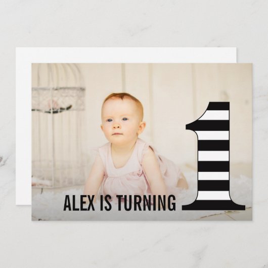 1e verjaardag Stripes Nummer één foto-uitnodiging Kaart (Voorkant / Achterkant)