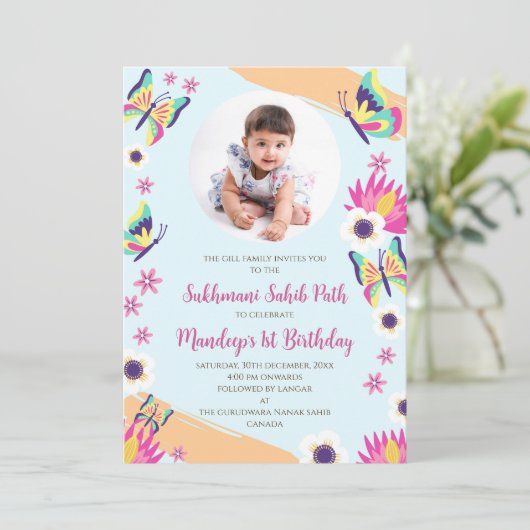 1e verjaardag Sukhmani Sahib pad uitnodiging (Staand voorkant)