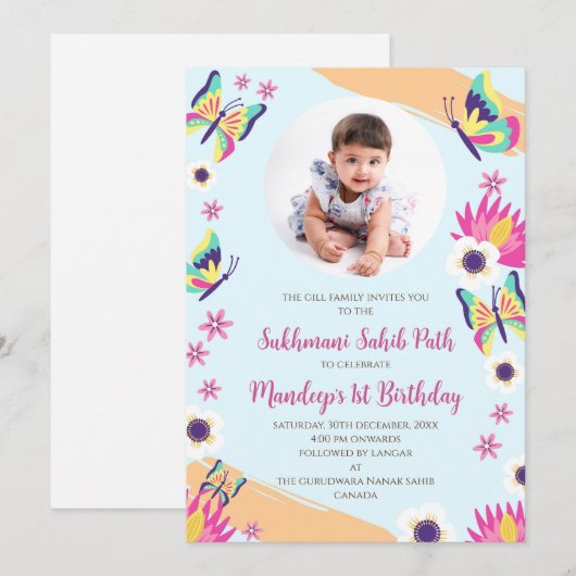 1e verjaardag Sukhmani Sahib pad uitnodiging (Voorkant / Achterkant)