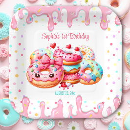 1e Verjaardag Sweet One Schattige Donut Pink Girl  Papieren Bordje