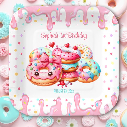 1e Verjaardag Sweet One Schattige Donut Pink Girl  Papieren Bordje