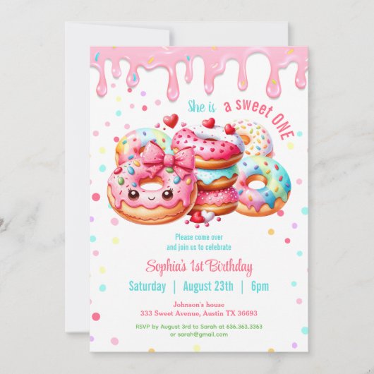 1e Verjaardag Sweet One Schattige Donut Roze Meisj Kaart (Voorkant)