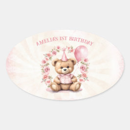 1e verjaardag Teddy Bear Meisje Roze Rozen Ovale Sticker