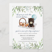 1e verjaardag Teddy Bear Picnic Blue Greenery Invi Kaart (Voorkant / Achterkant)