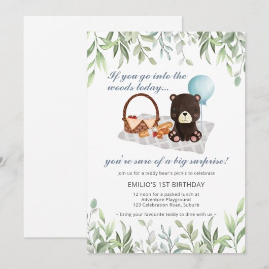 1e verjaardag Teddy Bear Picnic Blue Greenery Invi Kaart (Voorkant / Achterkant)