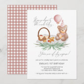 1e verjaardag Teddy Bear Picnic Pink Check Kaart (Voorkant / Achterkant)