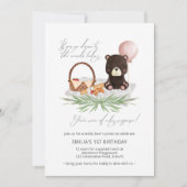 1e verjaardag Teddy Bear Picnic Pink gecontroleerd Kaart (Voorkant)