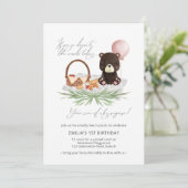 1e verjaardag Teddy Bear Picnic Pink gecontroleerd Kaart (Staand voorkant)