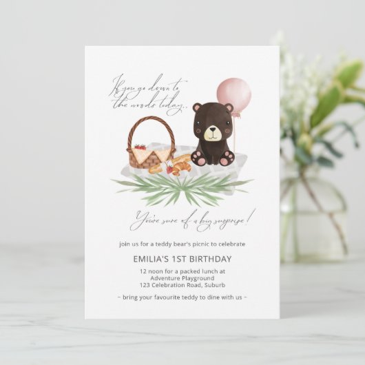 1e verjaardag Teddy Bear Picnic Pink gecontroleerd Kaart (Staand voorkant)