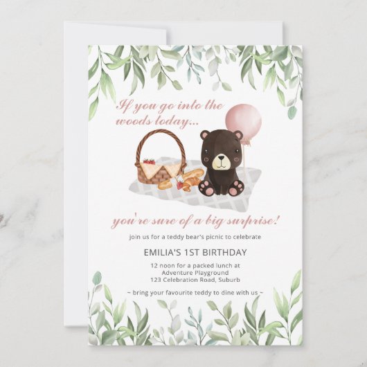 1e verjaardag Teddy Bear Picnic Pink Greenery Kaart (Voorkant)