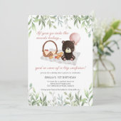 1e verjaardag Teddy Bear Picnic Pink Greenery Kaart (Staand voorkant)