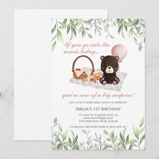 1e verjaardag Teddy Bear Picnic Pink Greenery Kaart (Voorkant / Achterkant)