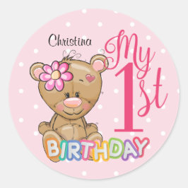 1e verjaardag Teddy Bear Pink Custom Ronde Sticker