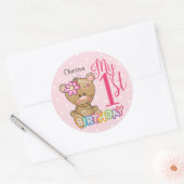 1e verjaardag Teddy Bear Pink Custom Ronde Sticker (Envelop)