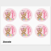 1e verjaardag Teddy Bear Pink Custom Ronde Sticker (Vel)