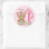 1e verjaardag Teddy Bear Pink Custom Ronde Sticker (Tas)