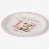 1e Verjaardag Teddy Bear Roze Ballonnen Papieren B Papieren Bordje (Gekanteld)