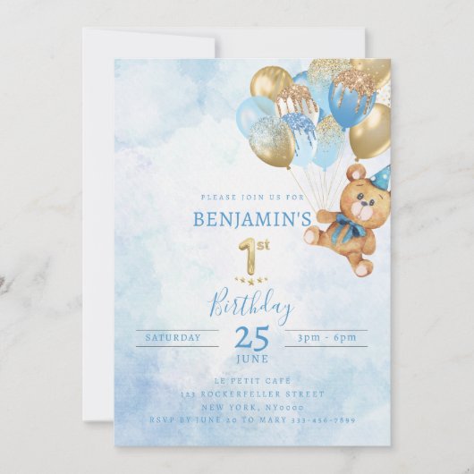 1e verjaardag Teddy Bear Verjaardag Uitnodiging (Voorkant)