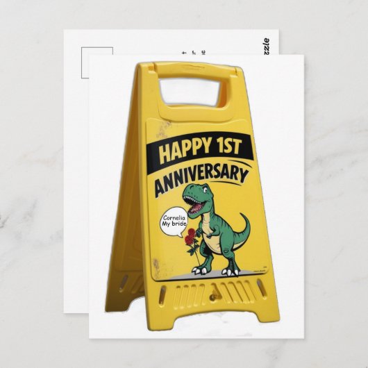 1e verjaardag Trex rode rozen geel plastic teken Briefkaart (Voorkant / Achterkant)