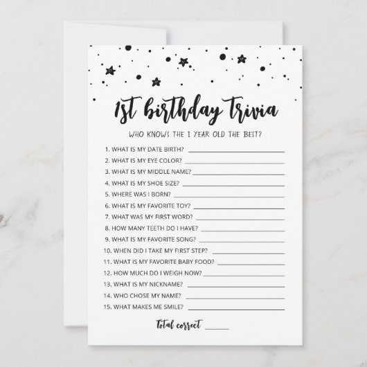 1e Verjaardag Trivia bewerkbare game Kaart (Voorkant)