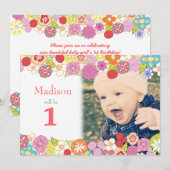 1e Verjaardag Tuin Feest Bloemen Foto uitnodiging (Voorkant / Achterkant)