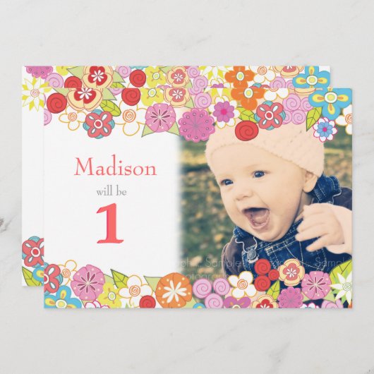 1e Verjaardag Tuin Feest Bloemen Foto uitnodiging (Voorkant / Achterkant)