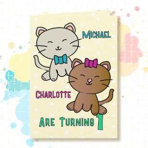 1e verjaardag Tweeling Schattig Kitten Cartoon Sch Kaart