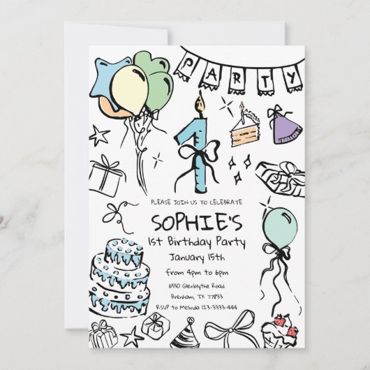 1e verjaardag Uitnodigen, Hand getrokken Verjaarda Kaart (Voorkant)