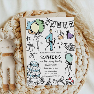 1e verjaardag Uitnodigen, Hand getrokken Verjaarda Kaart