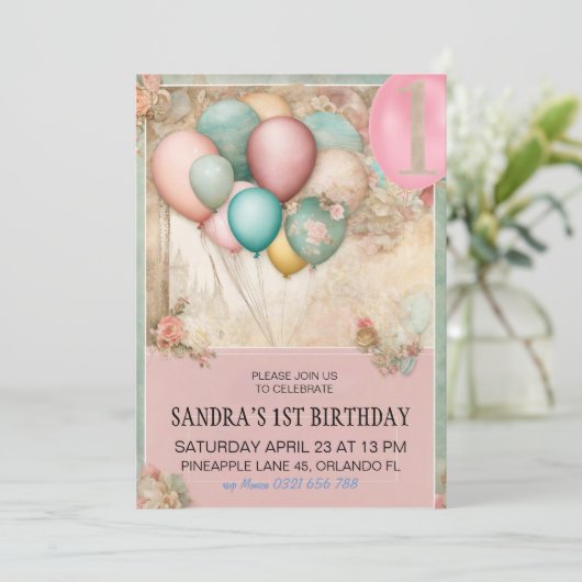 1e Verjaardag Uitnodiging, 1e Verjaardag GIRl, bal Kaart (Staand voorkant)