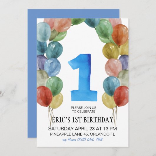 1e Verjaardag Uitnodiging, 1e Verjaardag Jongen, B Kaart (Voorkant / Achterkant)