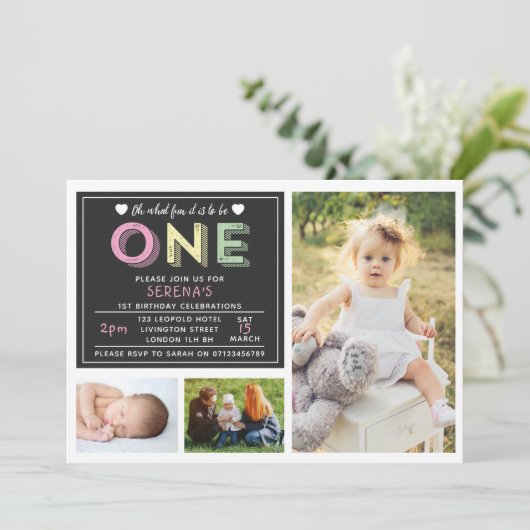 1e verjaardag uitnodiging - 3 foto ontwerp (Staand voorkant)