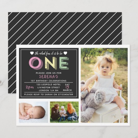 1e verjaardag uitnodiging - 3 foto ontwerp (Voorkant / Achterkant)